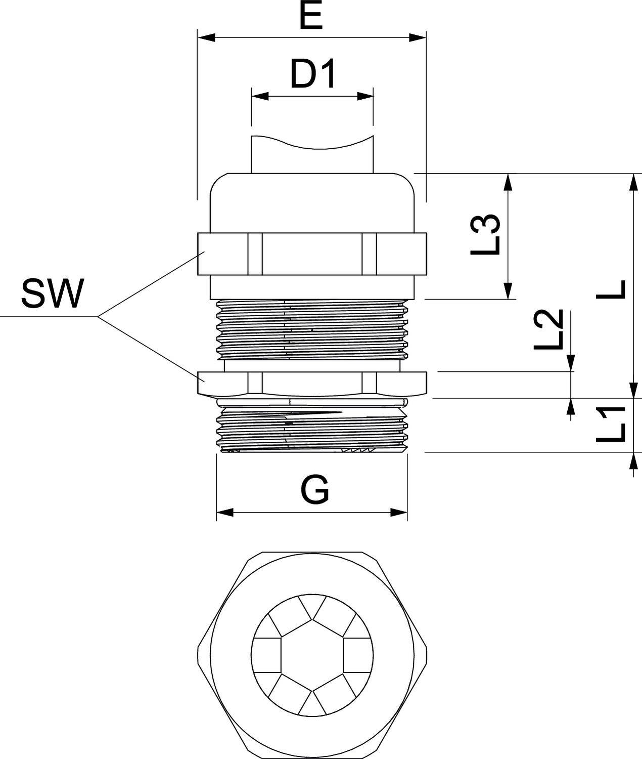 Technische Zeichnung einer Schraube mit Gewindeabmessungen. Zeigt Seiten- und Draufsicht. Maße: E, D1, L, L1, L2, L3, SW, G.