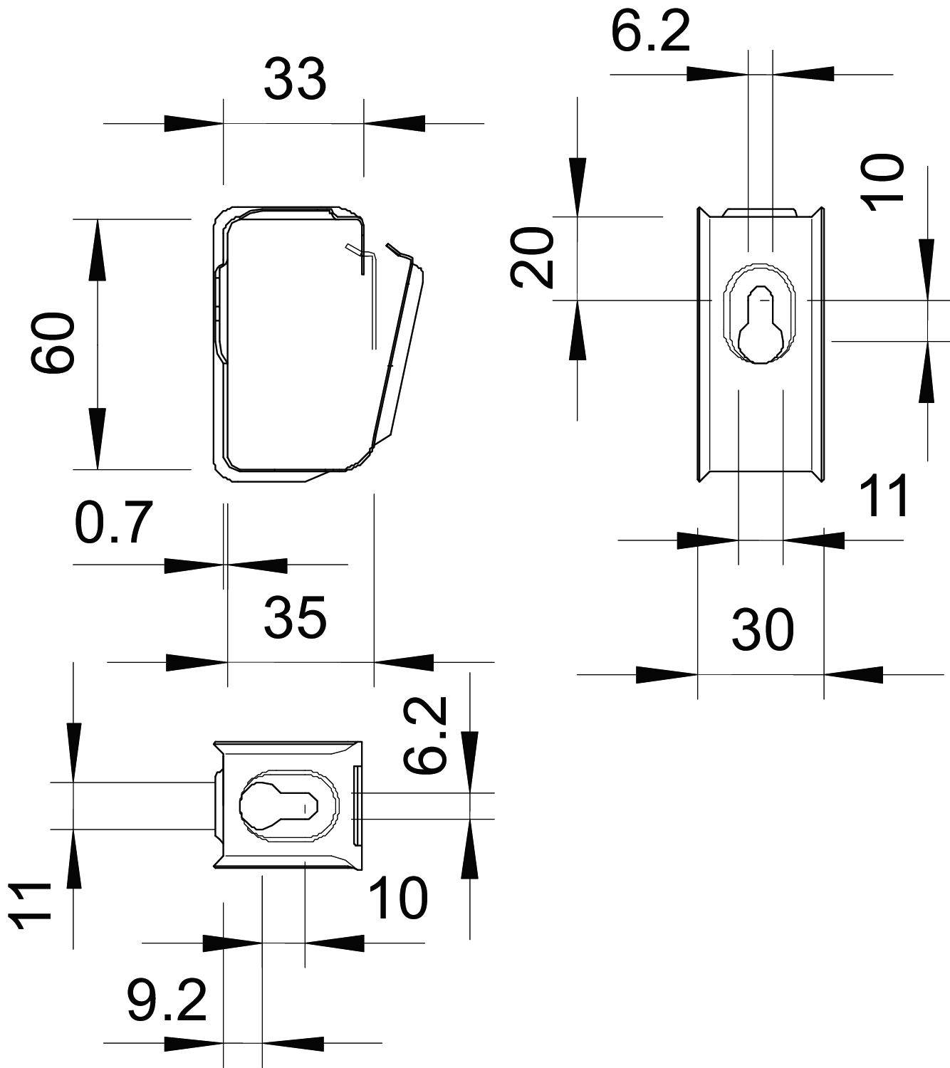 Technische Zeichnung eines rechteckigen Metallclips mit Maßen: 60 mm hoch, 33 mm breit, 11 mm tief. Enthält seitliche und frontale Ansichten.