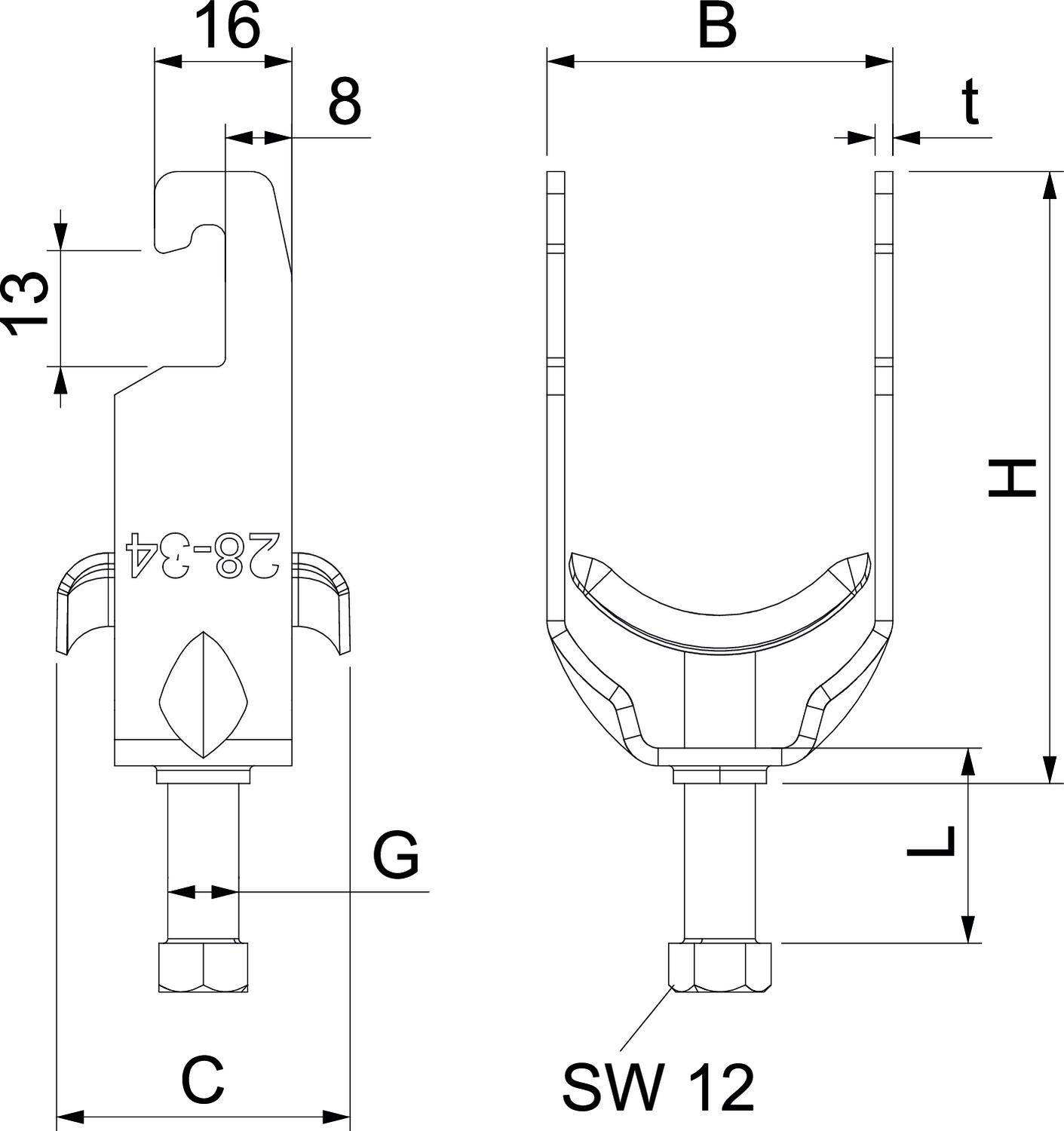 Technische Zeichnung einer Halterung: Darstellung von Vorder- und Seitenansicht mit Maßangaben wie C, B, H, G, und SW 12.