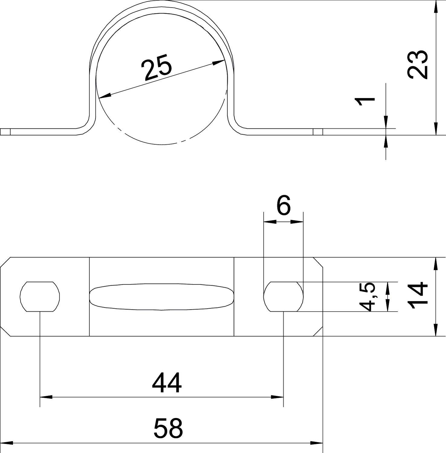Technische Zeichnung eines Rohrschellenhalters mit Maßen: Höhe 23 mm, Breite 58 mm, Durchmesser 25 mm, Bohrlochabstände angegeben.