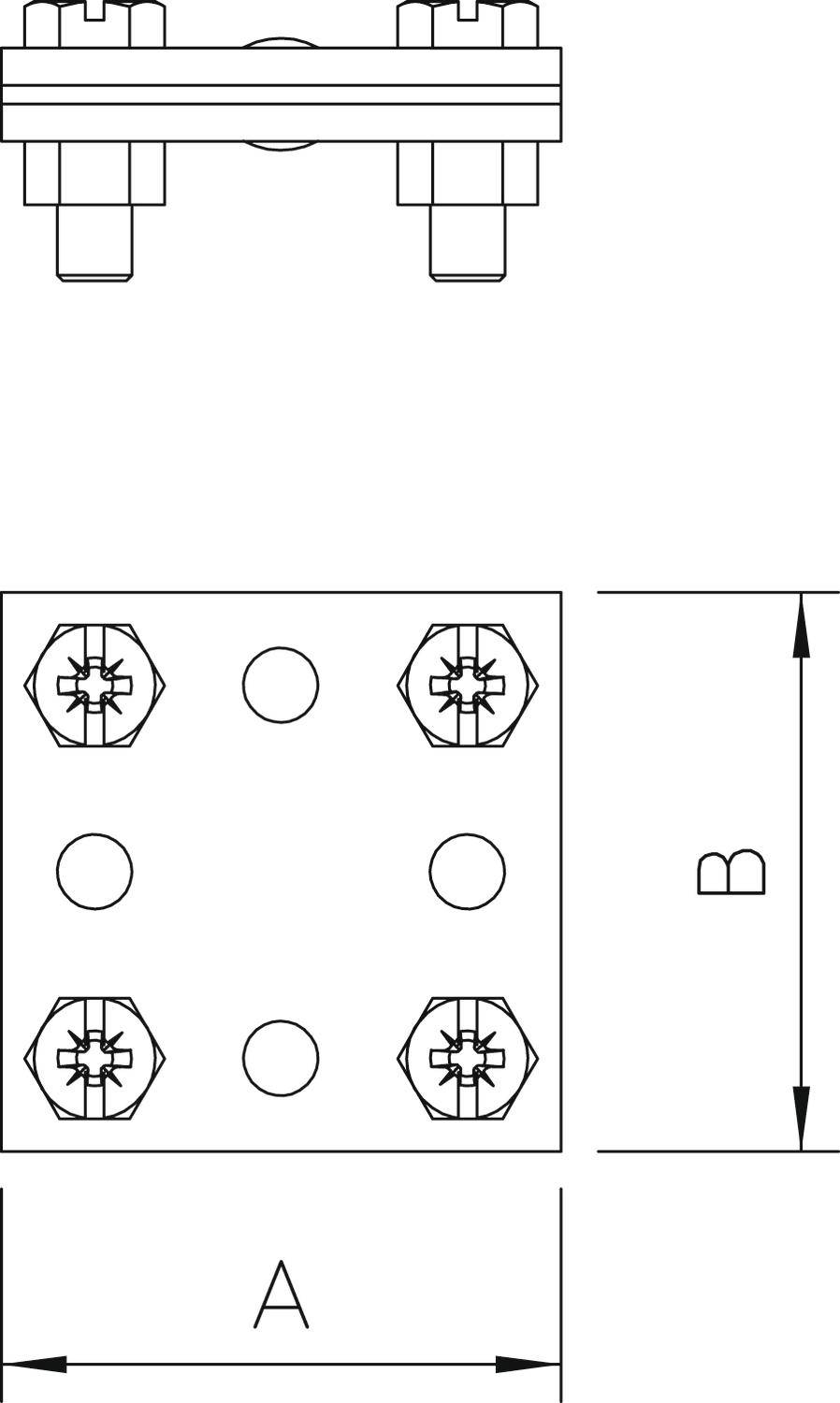 Technische Zeichnung eines Befestigungselements, zeigt Vorder- und Draufsicht mit Maßen "A" und "B". Vier Schraubenlöcher sichtbar.