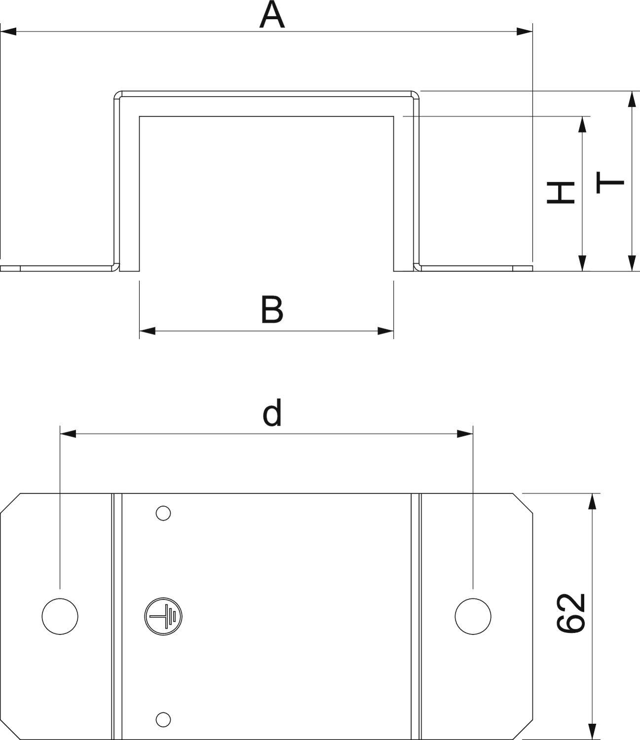 Technische Zeichnung eines Montagewinkels mit den Maßen: A, B, H, T und d. Zeigt Bohrlöcher und Erdungssymbol auf der unteren Ansicht.