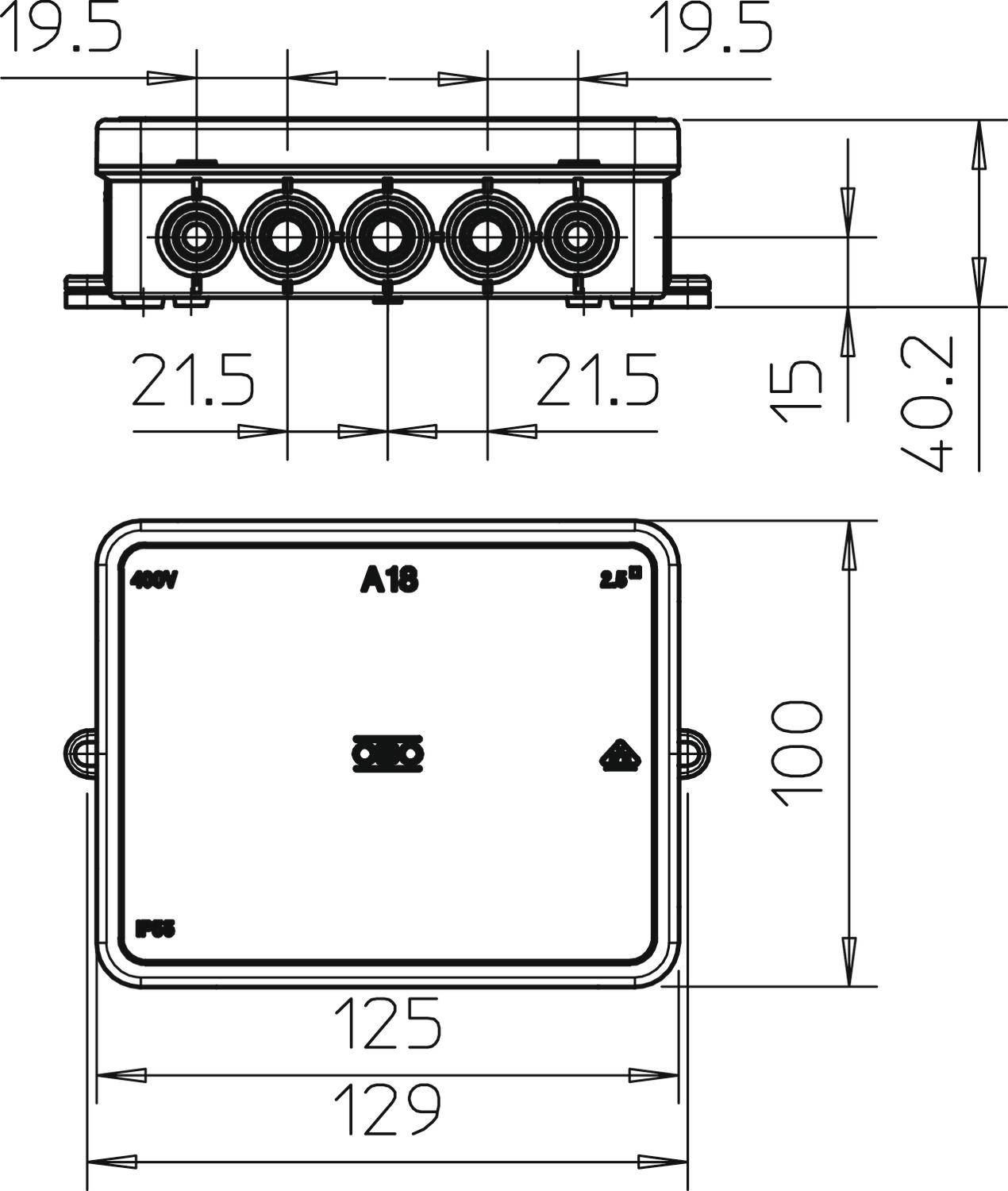 Technische Zeichnung eines rechteckigen Gehäuses mit Abmessungen: Breite 129 mm, Höhe 100 mm. Vier runde Öffnungen oben.