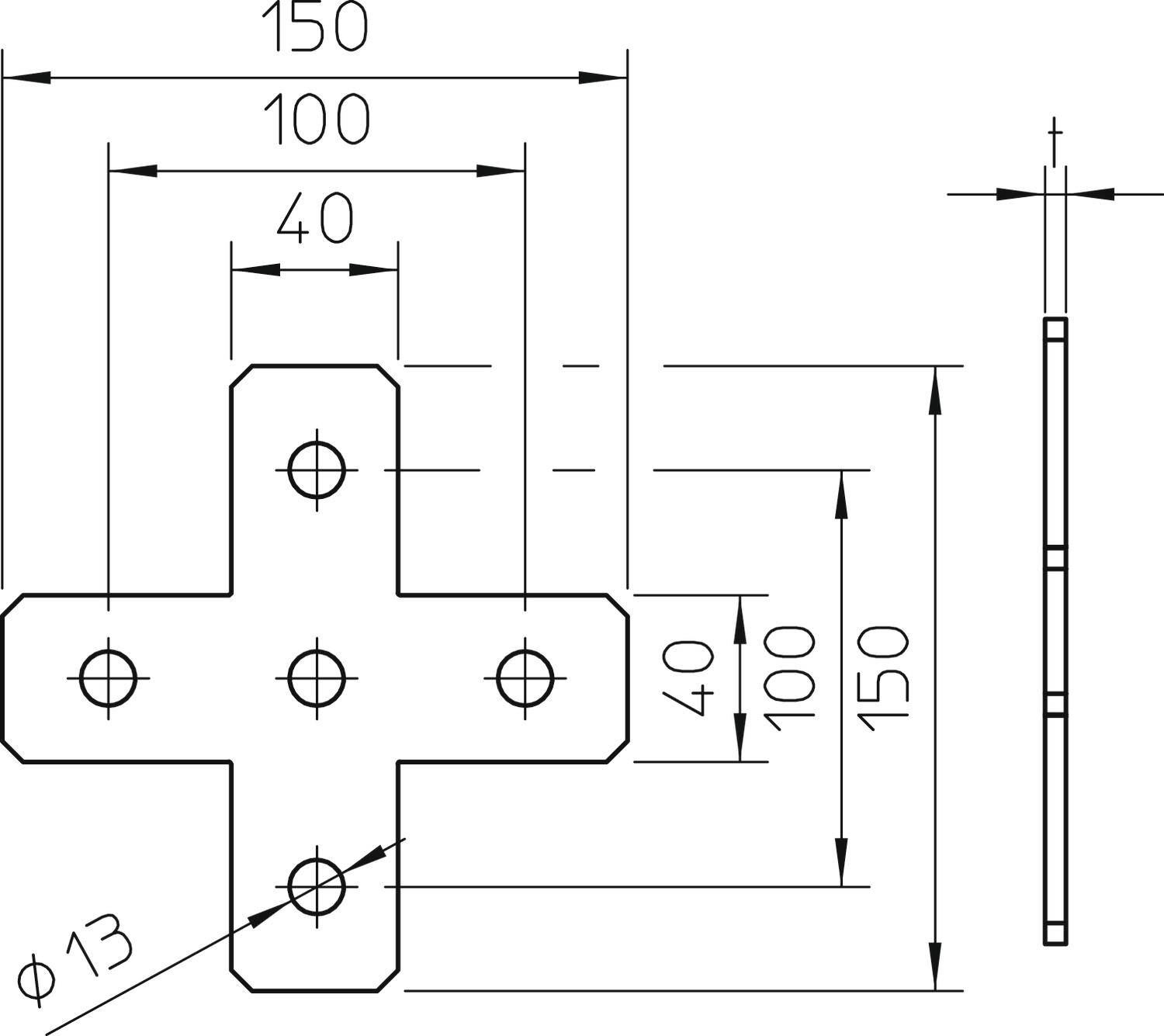 Zeichnung eines Metallverbinders in Kreuzform mit Bemaßungen: Breite 150 mm, Höhe 150 mm, Bohrungen ø 13 mm, Abstände und Breiten markiert.