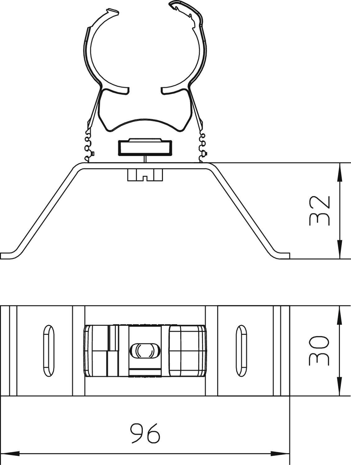 Technische Zeichnung einer Rohrklemme mit zwei Ansichten: Seitenansicht mit Höhe 32 mm, Vorderansicht mit Breite 96 mm und Höhe 30 mm.