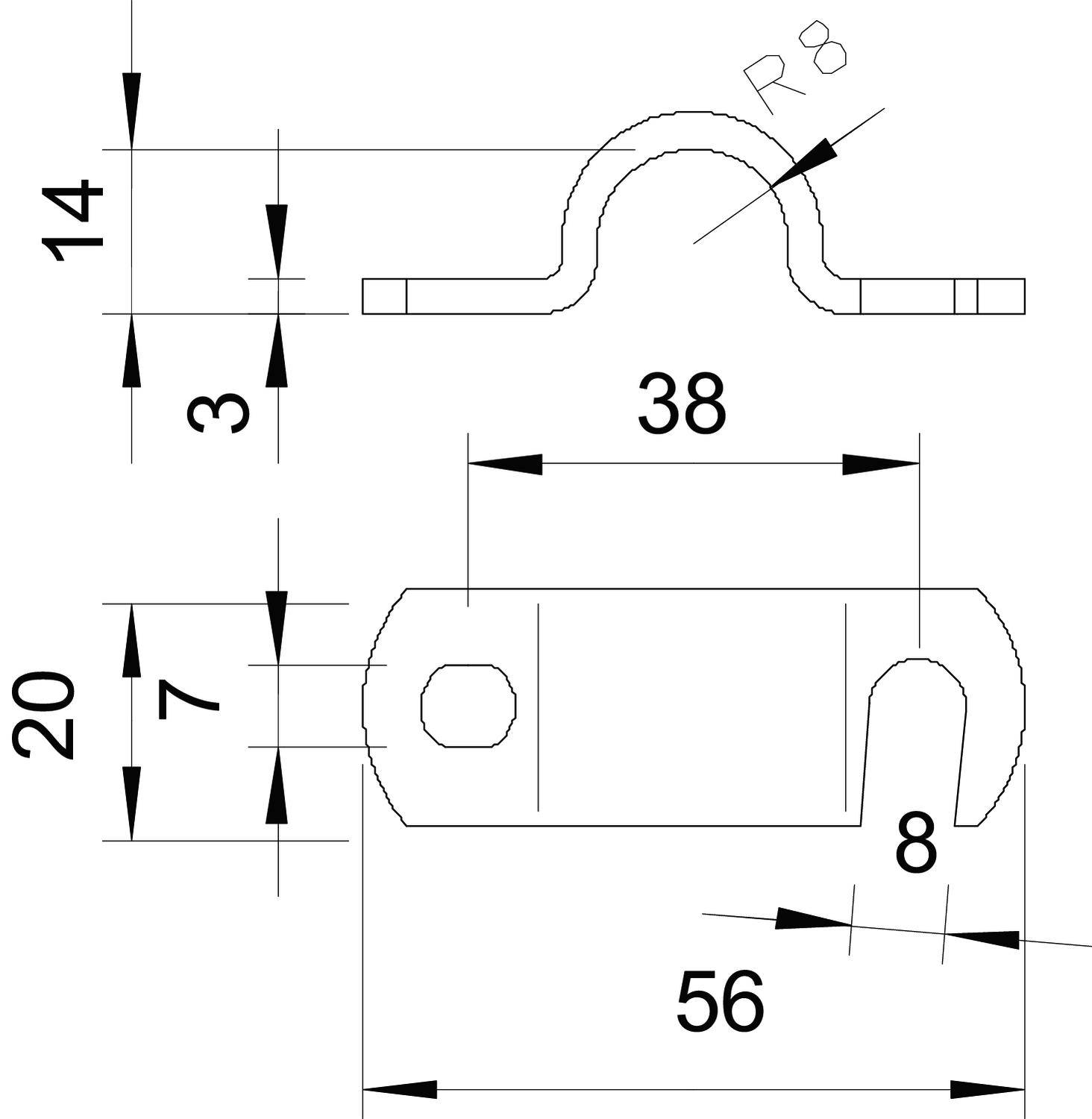 Technische Zeichnung eines metallischen Befestigungselements mit Maßen: Breite 56 mm, Höhe 20 mm, Biegung Radius 8 mm.