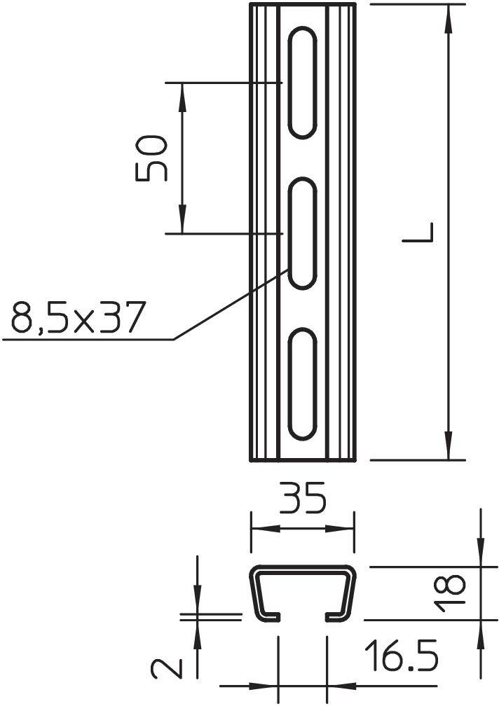 Technische Zeichnung eines Metallprofils mit Abmessungen: 50mm Höhe, 35mm Breite, Schlitze von 8,5x37mm, Querschnitt zeigt 16,5mm Tiefe.