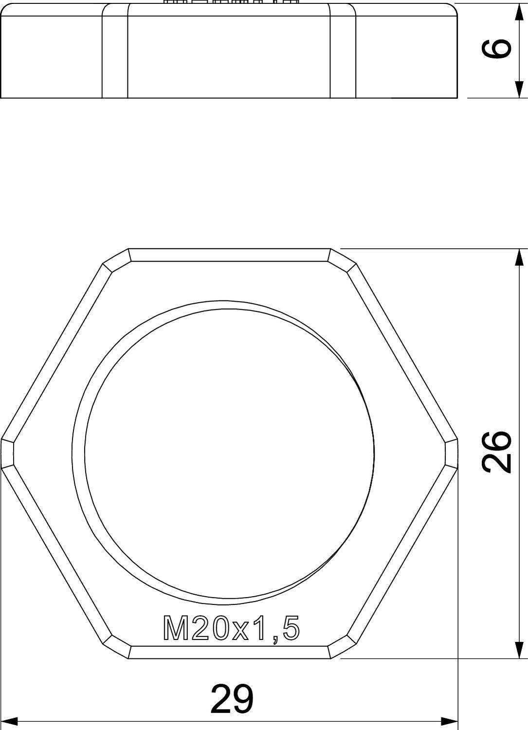 Technische Zeichnung einer Sechskantmutter. Oben: Seitenansicht mit Höhe von 6 mm. Unten: Draufsicht mit Breite von 29 mm und Gewindemaß M20x1,5.