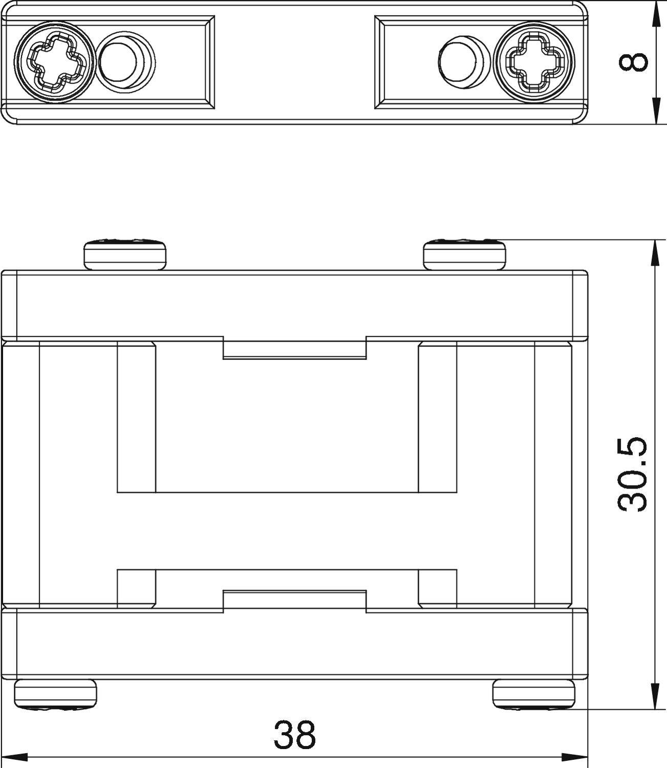 Technische Zeichnung eines rechteckigen Bauteils. Die Maße sind 38 mm Breite, 30,5 mm Höhe und 8 mm Tiefe. Vorne und seitliche Ansicht.