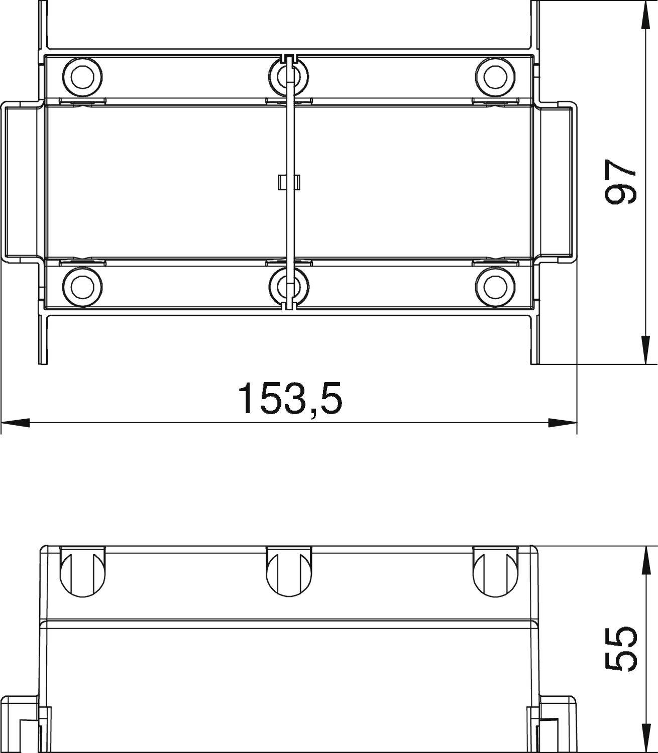 Technische Zeichnung eines Bauteils mit Abmessungen: Länge 153,5 mm, Breite 55 mm, Höhe 97 mm. Draufsicht und Seitenansicht sind dargestellt.