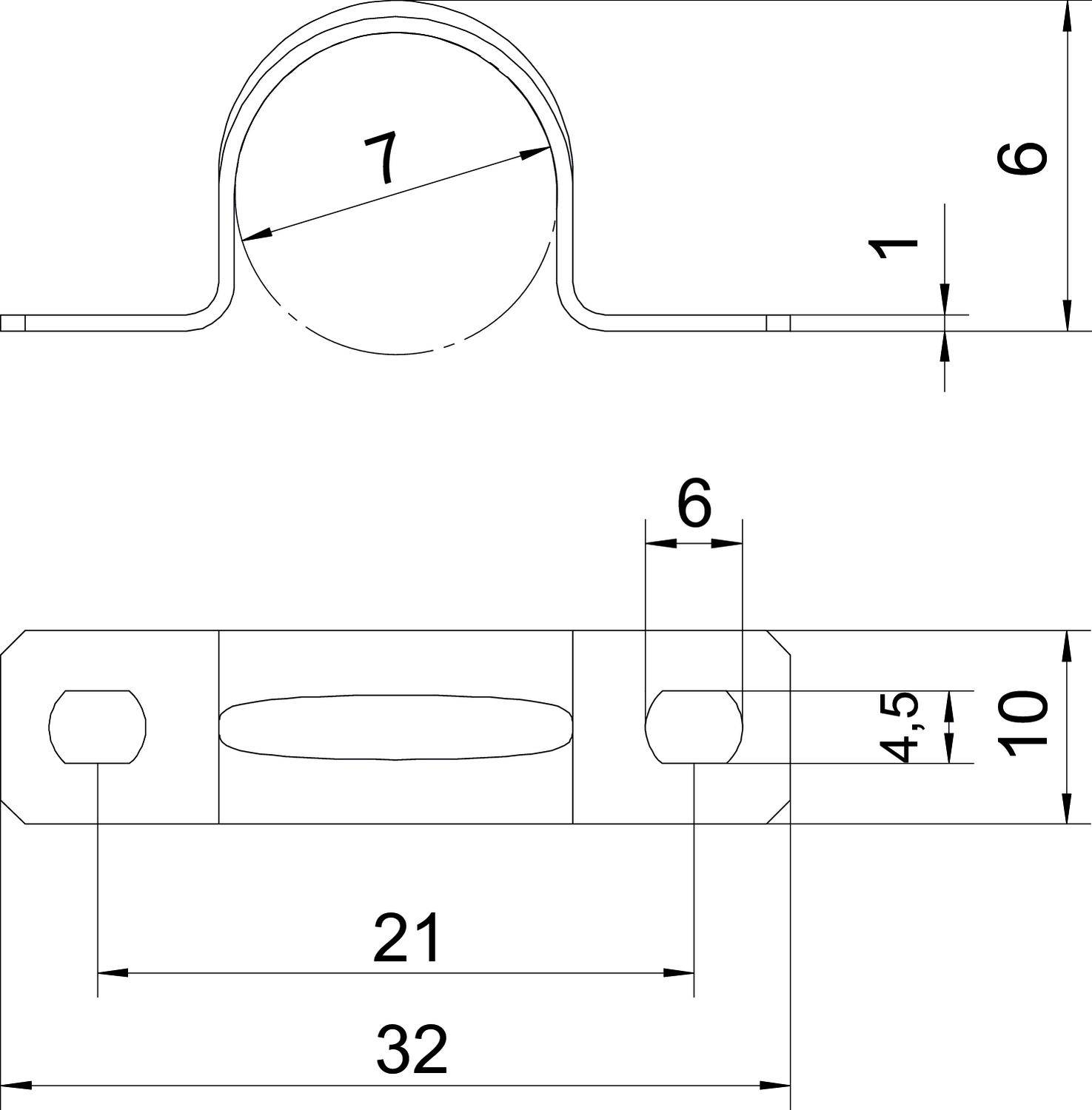 Technische Zeichnung eines Metallklammern-Profils mit Bemaßungen: 7 mm Durchmesser, 10 mm Höhe, 32 mm Breite, 6 mm und 4,5 mm Markierungen.