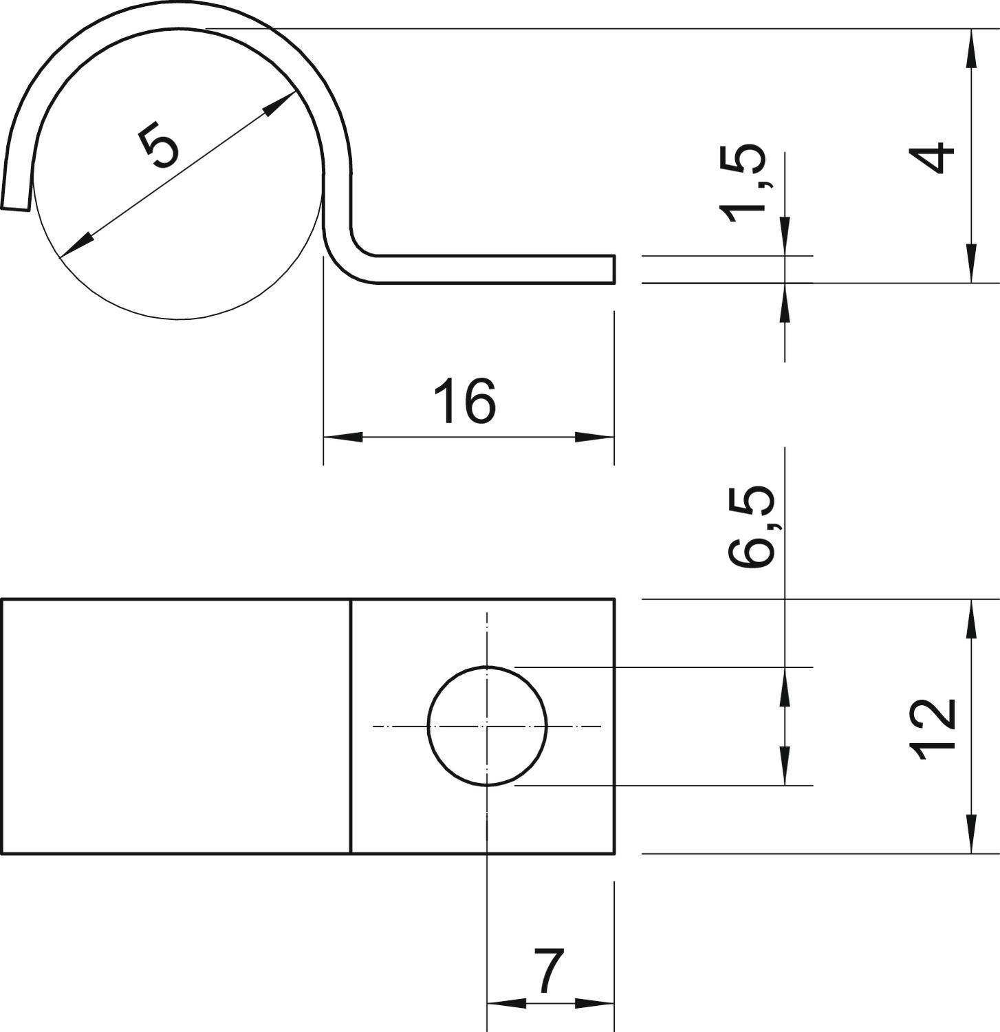 Technische Zeichnung einer gebogenen Metallklemme mit Maßangaben in Millimetern: Durchmesser 5, Höhe 4, Breite 16, und andere Details.