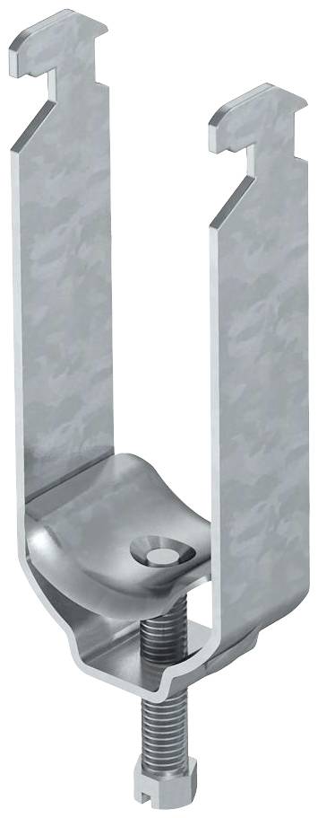 Metallklemme mit U-förmiger Halterung und Schraubmechanismus, zur Befestigung an Strukturen oder Bauteilen.