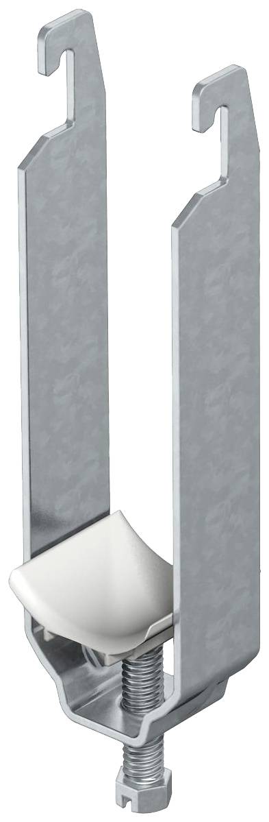 Metallhalterung mit U-Form und einstellbarer Schraube, geeignet zur flexiblen Befestigung von Kabelsystemen oder Rohren in Bauprojekten.