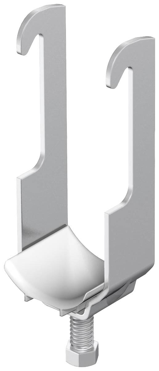 Metallklemme mit zwei Haken oben und einer Schraube unten, möglicherweise zur Befestigung oder Stabilisierung von Gegenständen.