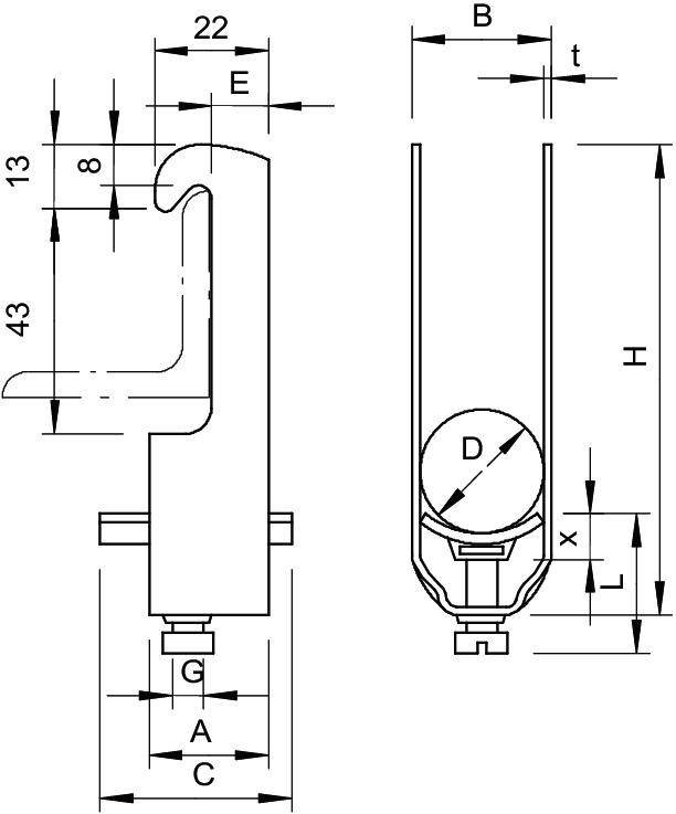 Technische Zeichnung zeigt Maße einer U-förmigen Metallklemme mit Schaubemaßungen A, B, C, D, E, G, H, t und x.