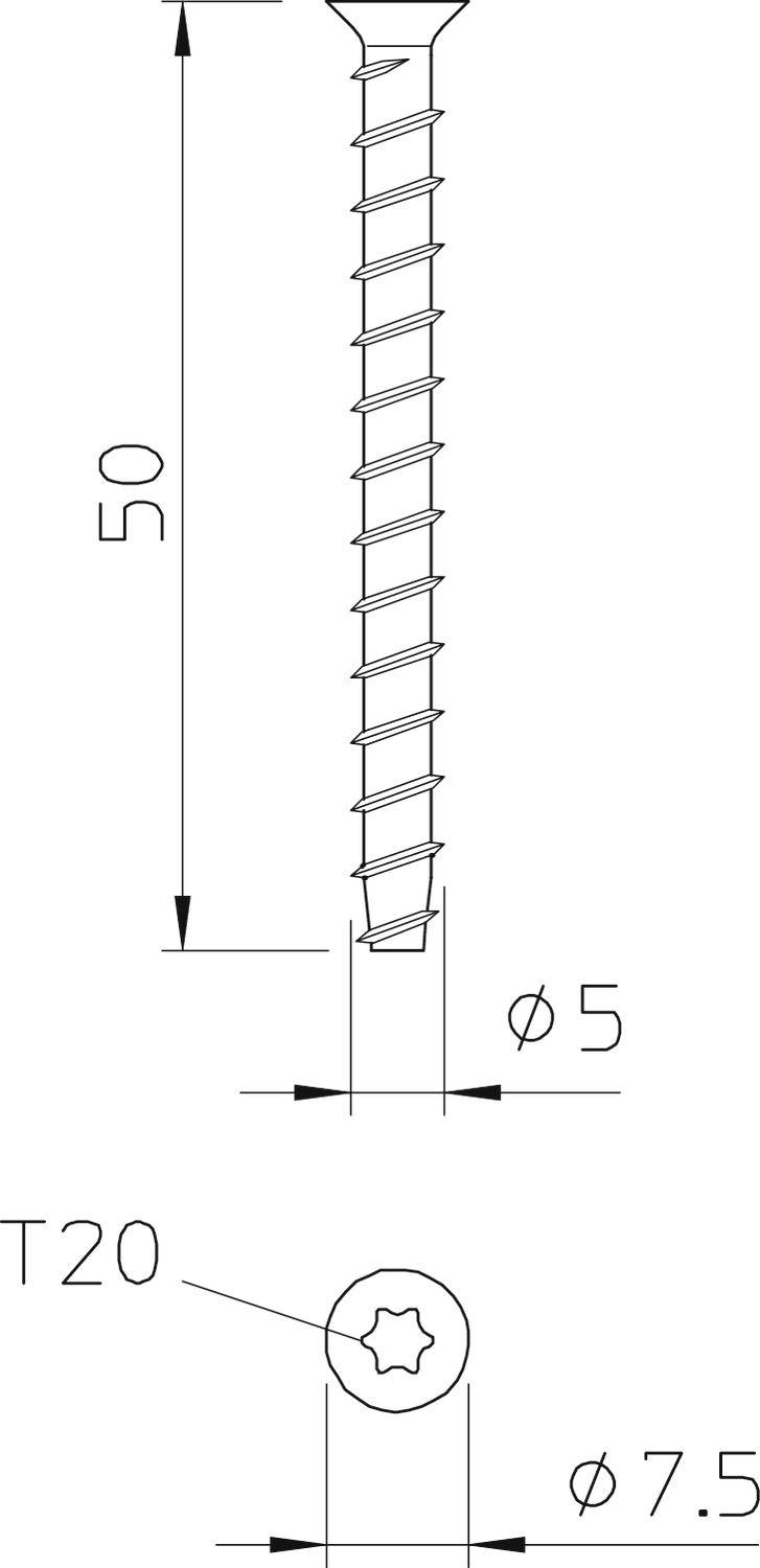 Schraube mit Torx-Antrieb T20, Länge 50 mm, Durchmesser 5 mm, Kopf 7,5 mm.
