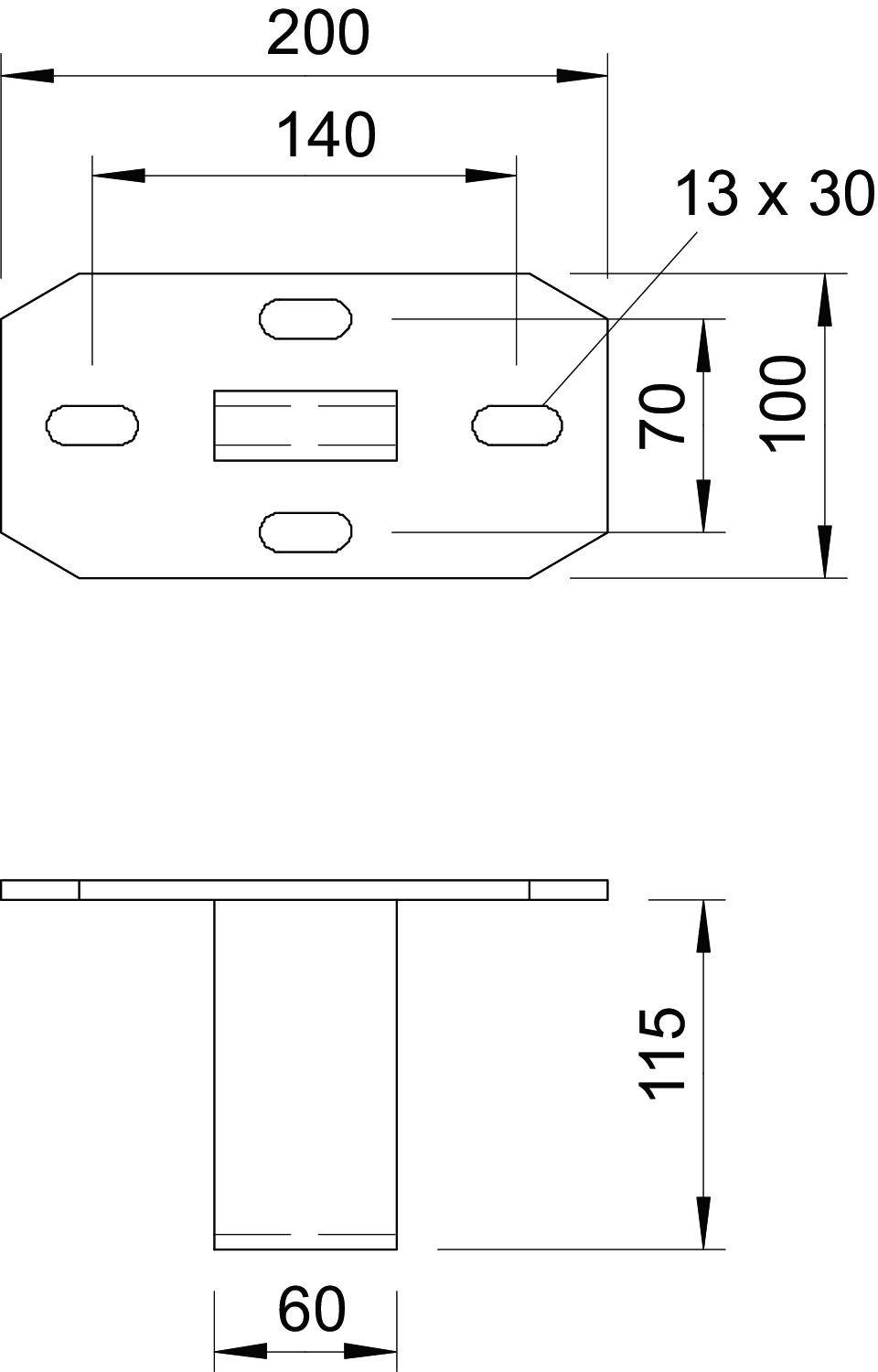 Technische Zeichnung einer Montageplatte mit Maßen: 200x140 mm, Bohrungen 13x30 mm, Abstände 70 mm und 100 mm. Seitenansicht: Höhe 115 mm, Breite 60 mm.