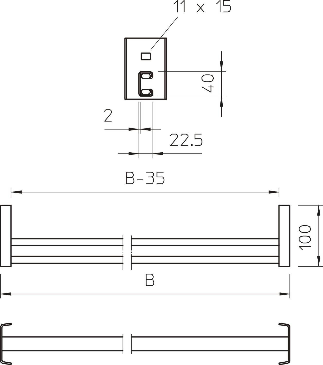 Technische Zeichnung eines rechteckigen Griffs mit Maßen: Breite (B) 35 mm, Distanz zwischen Löchern 22,5 mm, Gesamtlänge 100 mm.