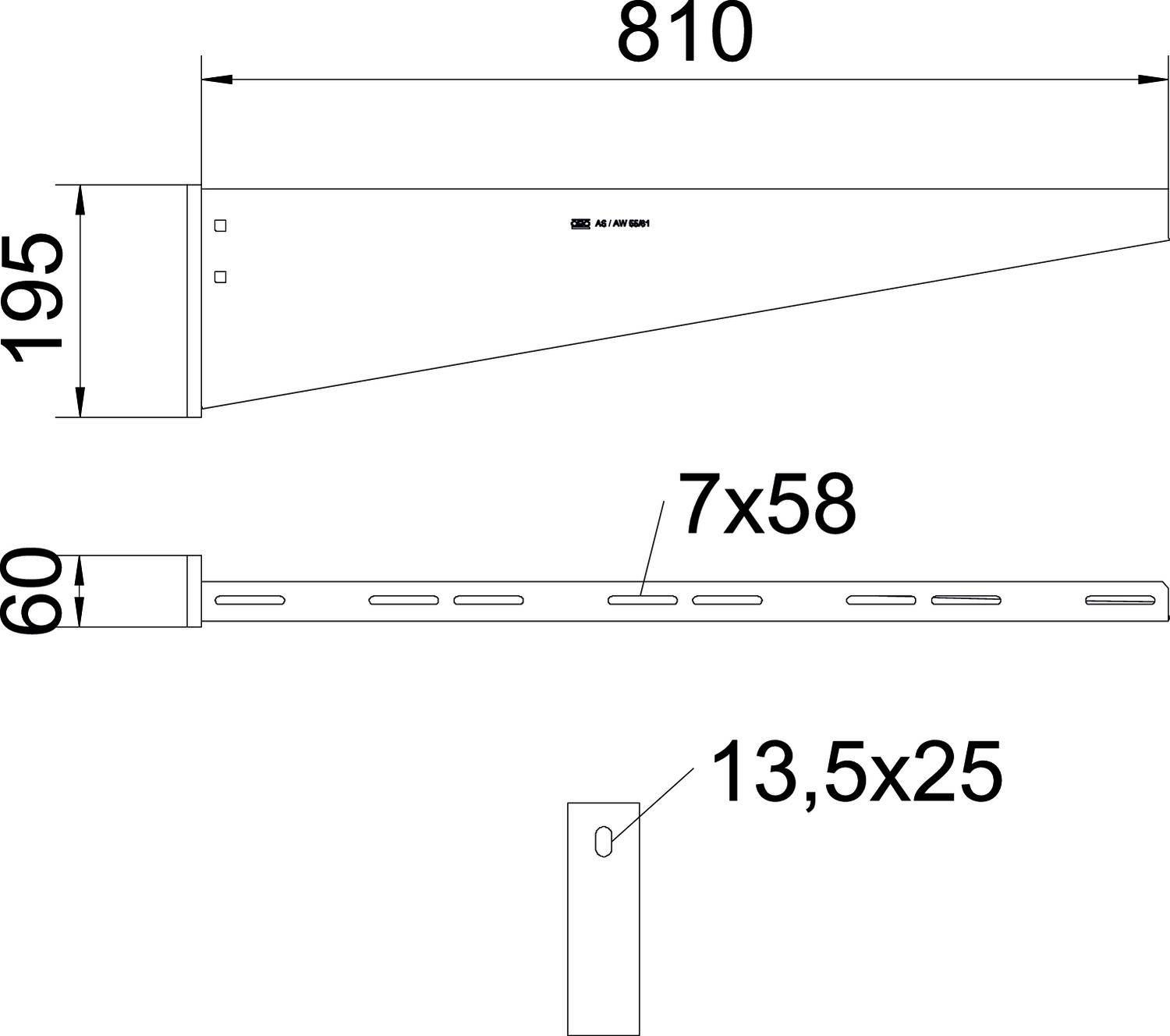 Technische Zeichnung eines Winkelträgers. Oben: Länge 810 mm, Höhe 195 mm. Unten: Breite 60 mm, mit Schlitzen (7x58 und 13,5x25).