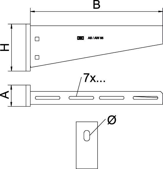 Technische Zeichnung eines Metallwinkels. Oben Maße B und H, unten Lochgröße A, sieben ovale Löcher. Markierung 'A8 / AW 55'.