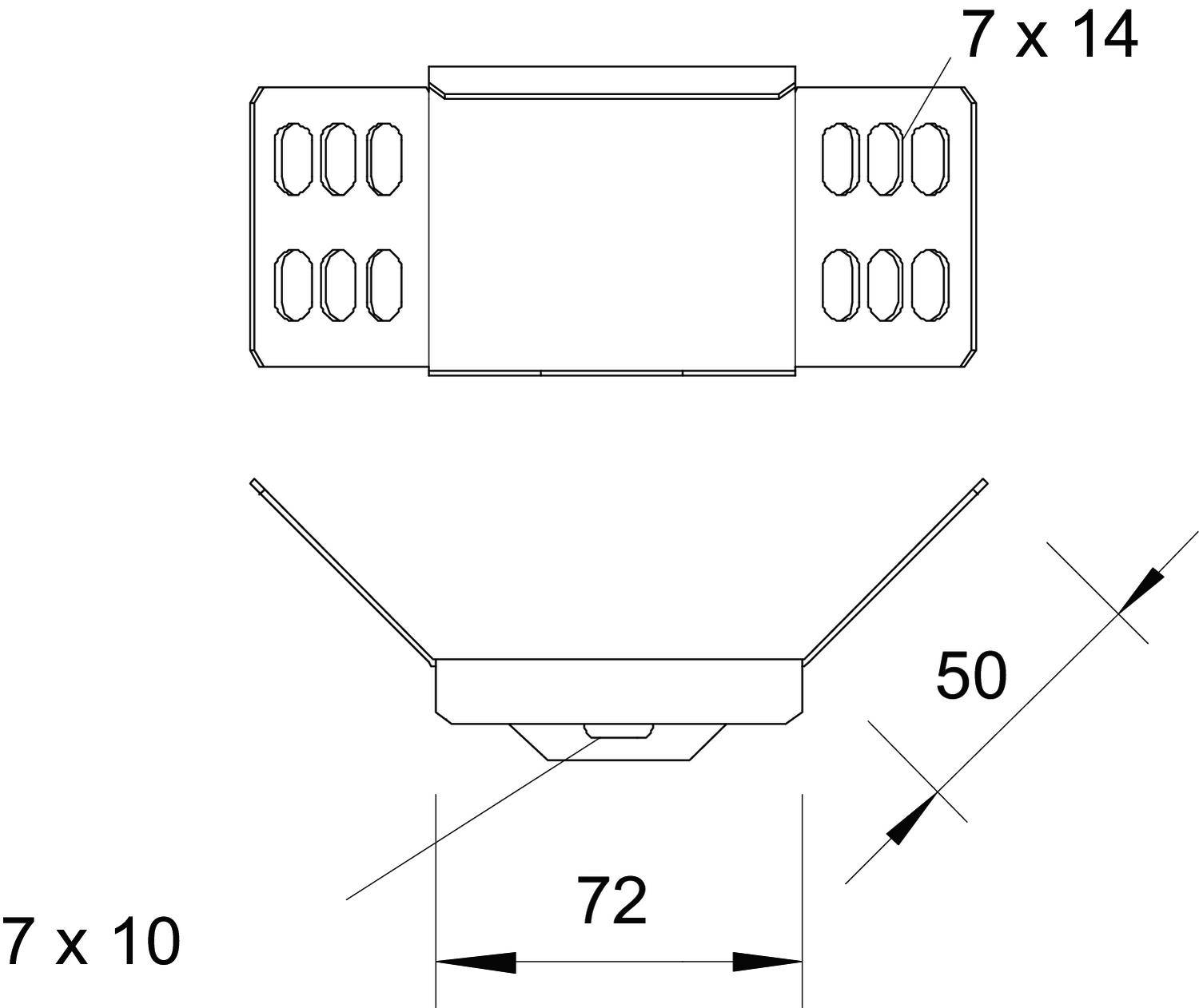 Technische Zeichnung eines rechteckigen Metallteils mit den Maßen: 72 mm Länge, 50 mm Breite, mit Befestigungslöchern 7 x 10 mm und 7 x 14 mm.