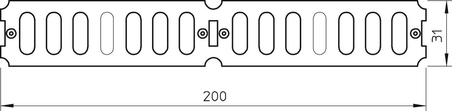 Technische Zeichnung eines rechteckigen Verbindungselements mit zehn ovalen Löchern. Abmessungen: Länge 200 mm, Höhe 31 mm.