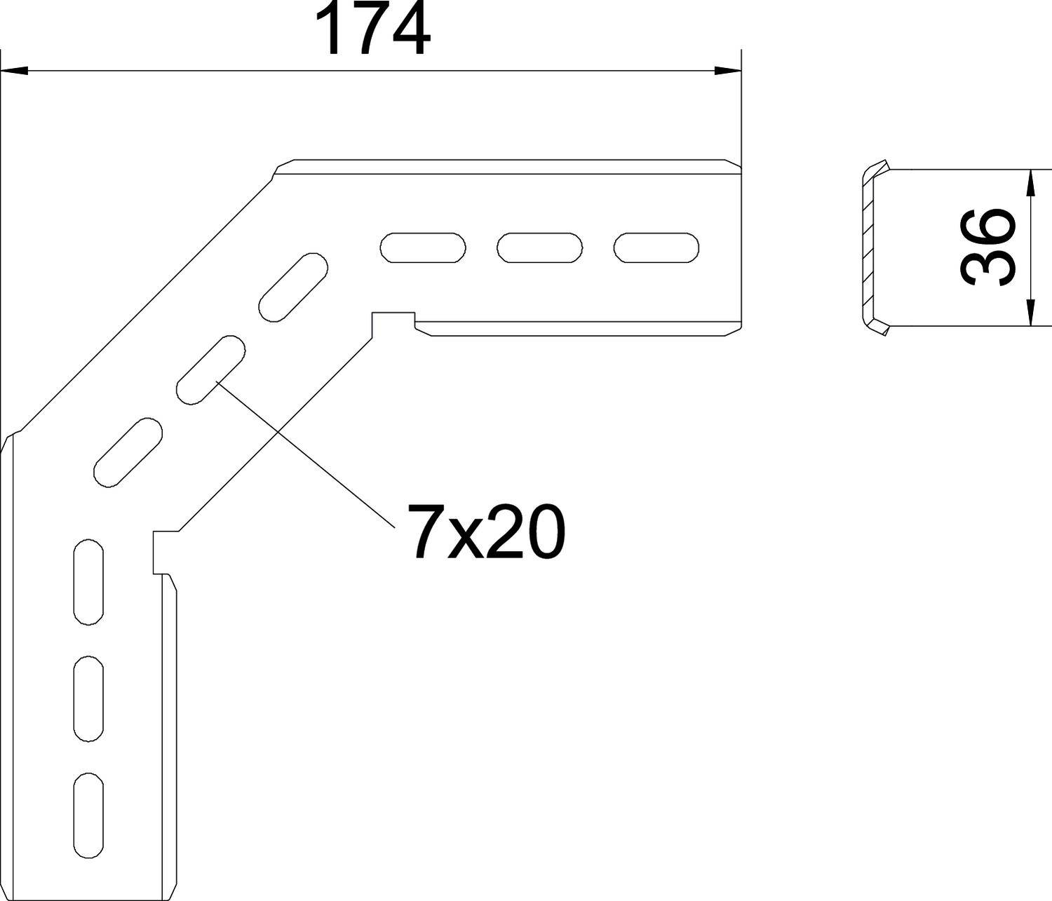 Technische Zeichnung eines Metallwinkels mit Maßen: Gesamtlänge 174 mm, Breite 36 mm, Lochgrößen 7x20 mm.
