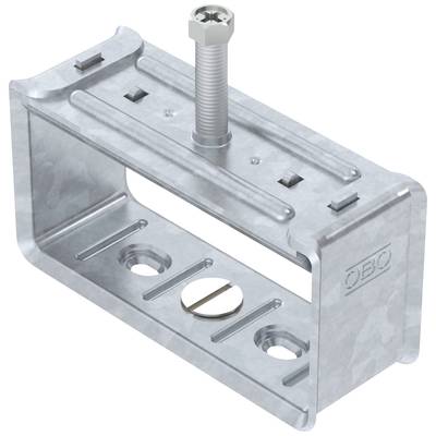Metallische Kabelklemme mit Schraube zur Befestigung und zwei Löchern zur Installation. Klare, industrielle Konstruktion.