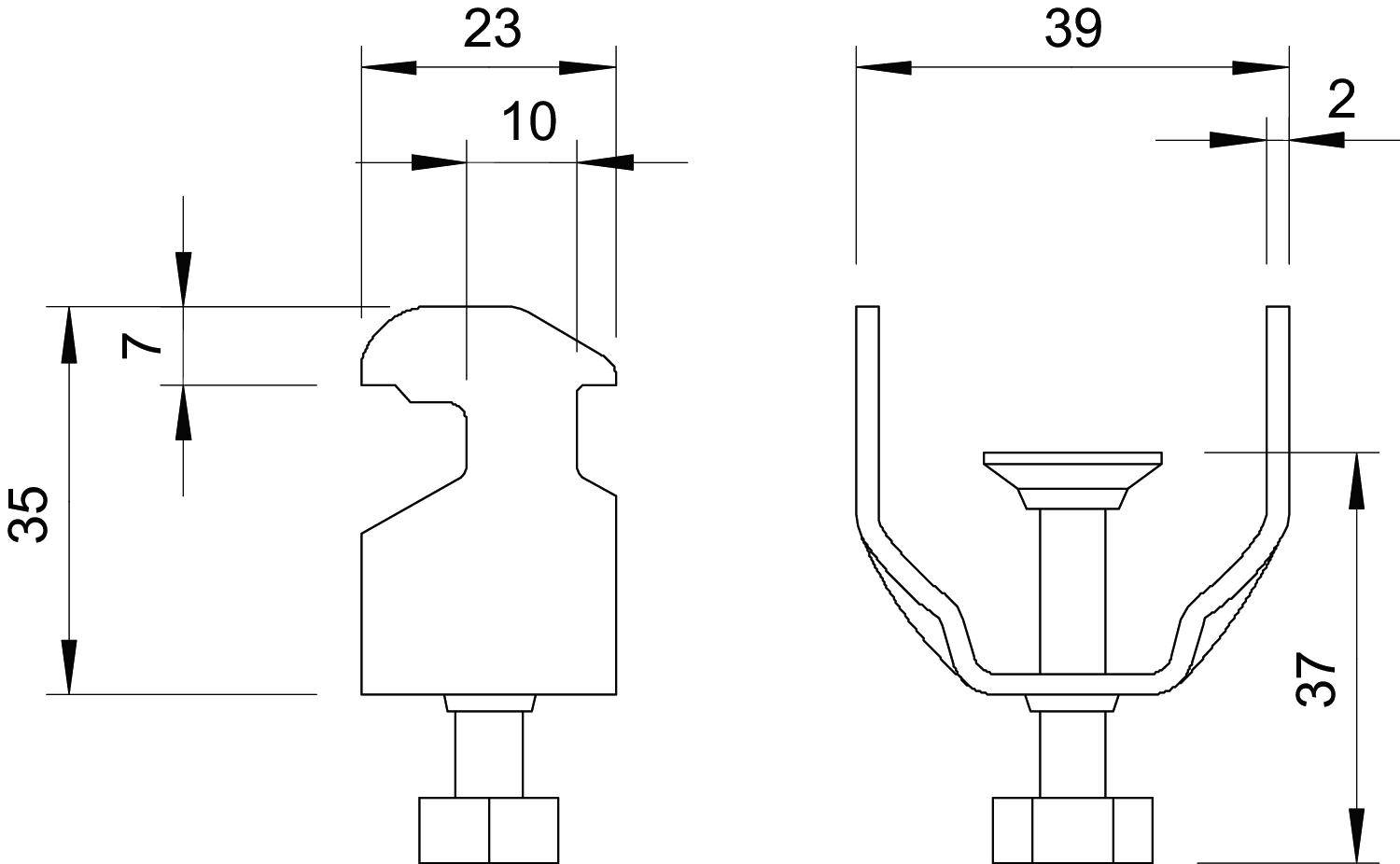 Technische Zeichnung zweier Teile mit Maßen. Links: Profilansicht, Höhe 35 mm, Breite oben 23 mm. Rechts: U-förmige Halterung, Höhe 37 mm.