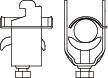 Technische Zeichnung eines mechanischen Teils, mit Vorder- und Seitenansicht. Zeigt Details der Form und Befestigungselemente.