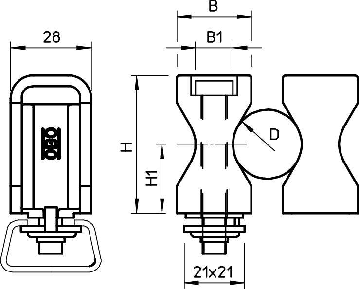Technische Zeichnung eines Beschlags mit schematischen Ansichten. Zeigt Maße: Höhe, Breite und Durchmesser. Oberflächendetails und Maße markiert.