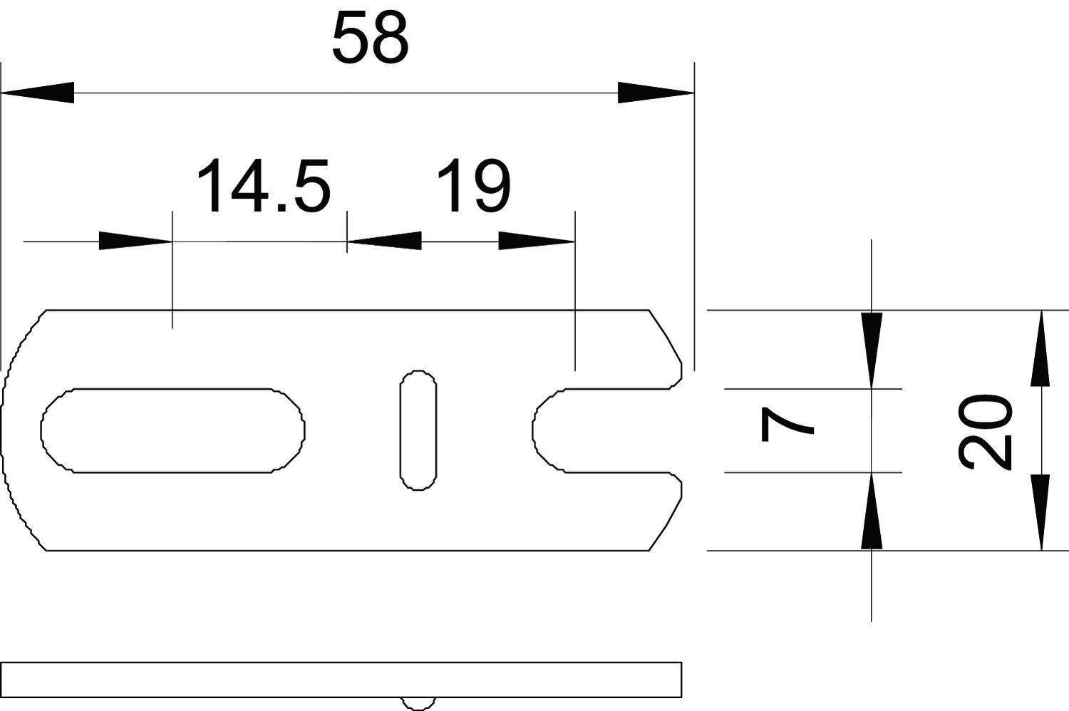 Technische Zeichnung eines Metallteils. Gesamtbreite 58 mm, mit Aussparungen von 14,5 mm und 19 mm. Höhe und Tiefe ebenfalls angegeben.