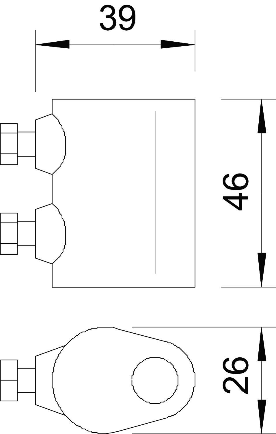 Technische Zeichnung eines rechteckigen Bauteils mit den Maßen 39x46mm. Seitlich ist ein abgerundetes Element mit 26mm Höhe angebracht.