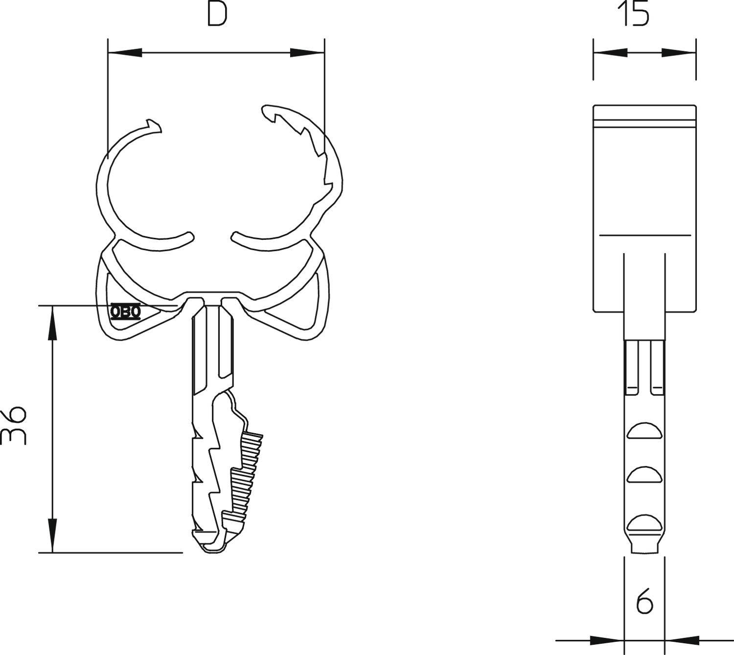 Technische Zeichnung eines Schlüssels mit Maßen: Länge 36 mm, Breite 6 mm, Schlüsselkopf 15 mm. Detaillierte Ansicht der Schlüsselzähne.