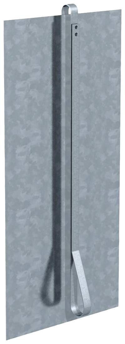 Metallwandanker mit Befestigungsschlaufe, vertikal an einer grauen, strukturierten Wand montiert.