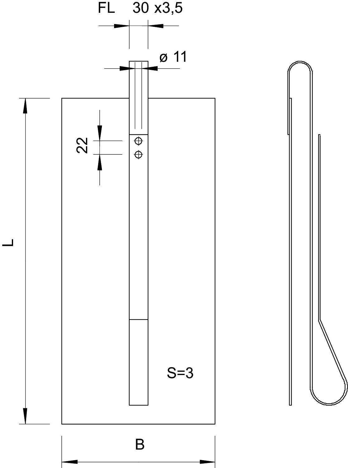 Technische Zeichnung eines Flachstahls mit Maßen: Länge 'L', Breite 'B', Stärke 'S=3', Lochdurchmesser 'Ø 11', und Abstand '30 x 3,5'.
