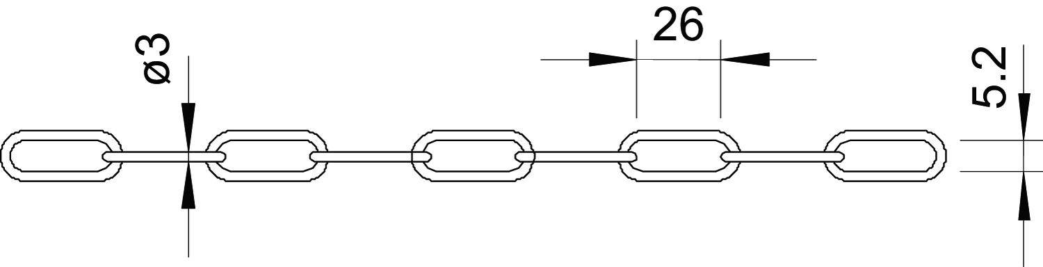 Technische Zeichnung einer Kette: Gliedermaße Ø3 mm, 26 mm Gesamtbreite, 5,2 mm Höhe. Jedes Glied ist rechteckig geformt.
