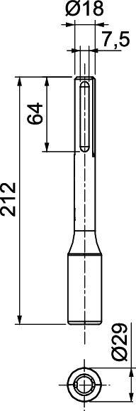 Technische Zeichnung eines zylindrischen Objekts mit Maßen. Oben Durchmesser 18 mm, Länge 212 mm, unterer Durchmesser 29 mm.