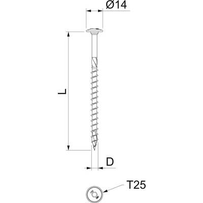 Schraubenzeichnung: Seitenansicht einer Schraube mit Maßen. Oberer Durchmesser Ø14, unterer ØD, Länge L. Schraubenkopf T25.