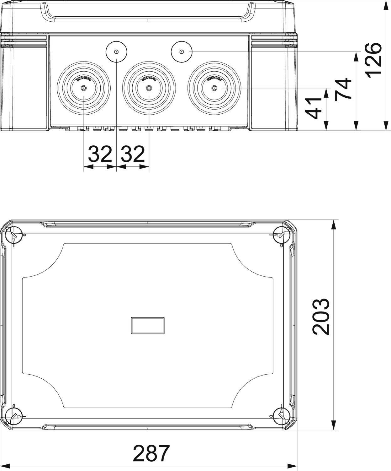 Technische Zeichnung eines rechteckigen Gehäuses mit Maßen: 287 mm Breite, 203 mm Höhe und 126 mm Tiefe. Enthält drei runde Öffnungen vorne.