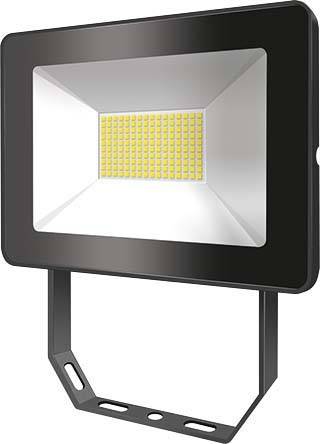 Ein schwarzer LED-Scheinwerfer mit einem rechteckigen Rahmen und gelbem Lichtpanel in der Mitte, montierbar mit Metallhalterung.