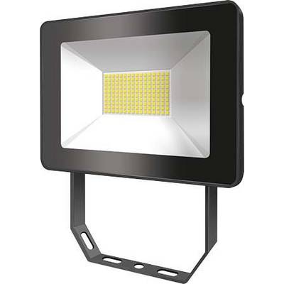 Ein schwarzer LED-Scheinwerfer mit einem rechteckigen Rahmen und gelbem Lichtpanel in der Mitte, montierbar mit Metallhalterung.