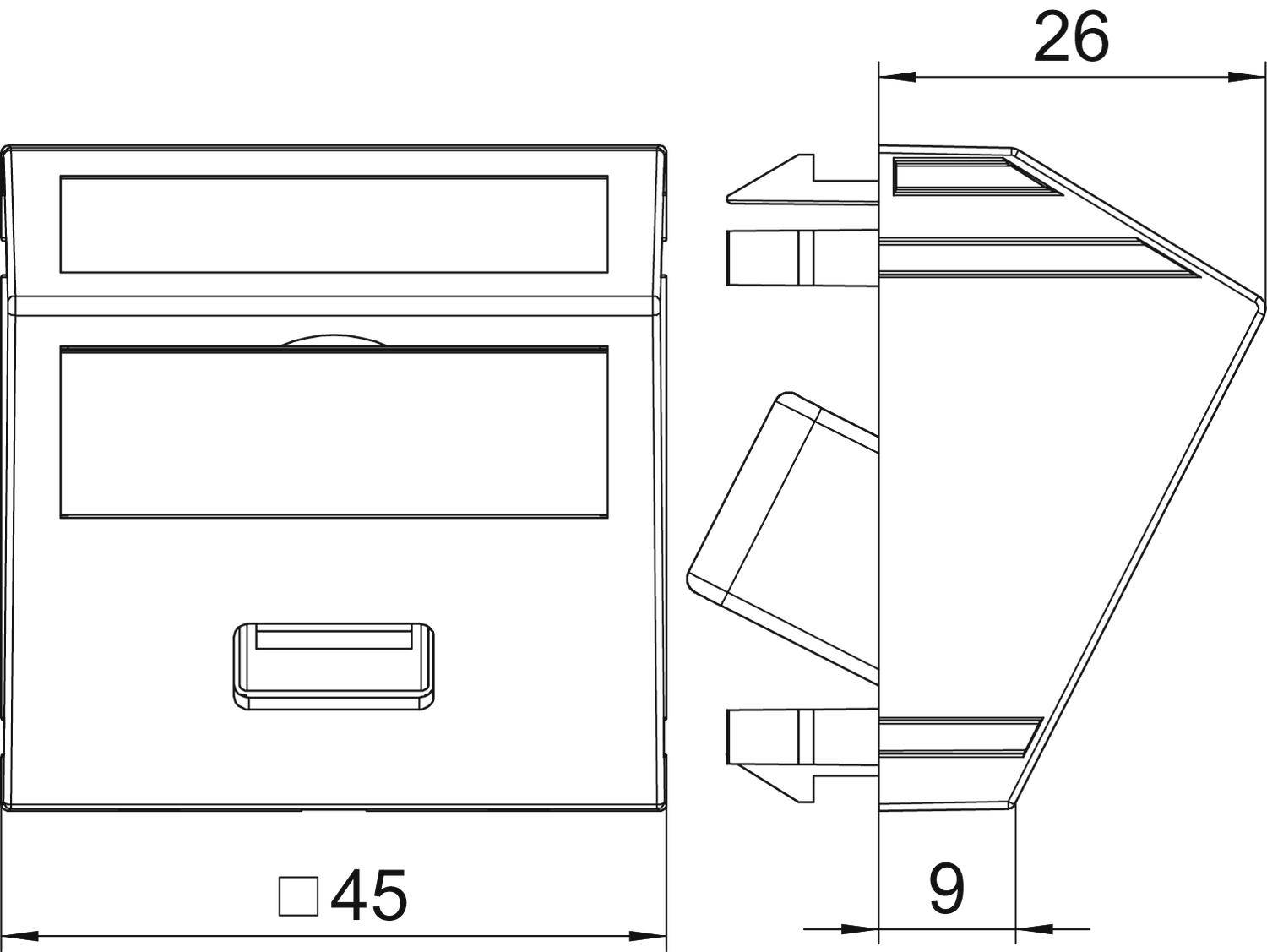 Technische Zeichnung eines Gehäuses mit Abmessungen: Breite 45 mm, Tiefe 26 mm, Höhe 9 mm. Seiten- und Vorderansicht.