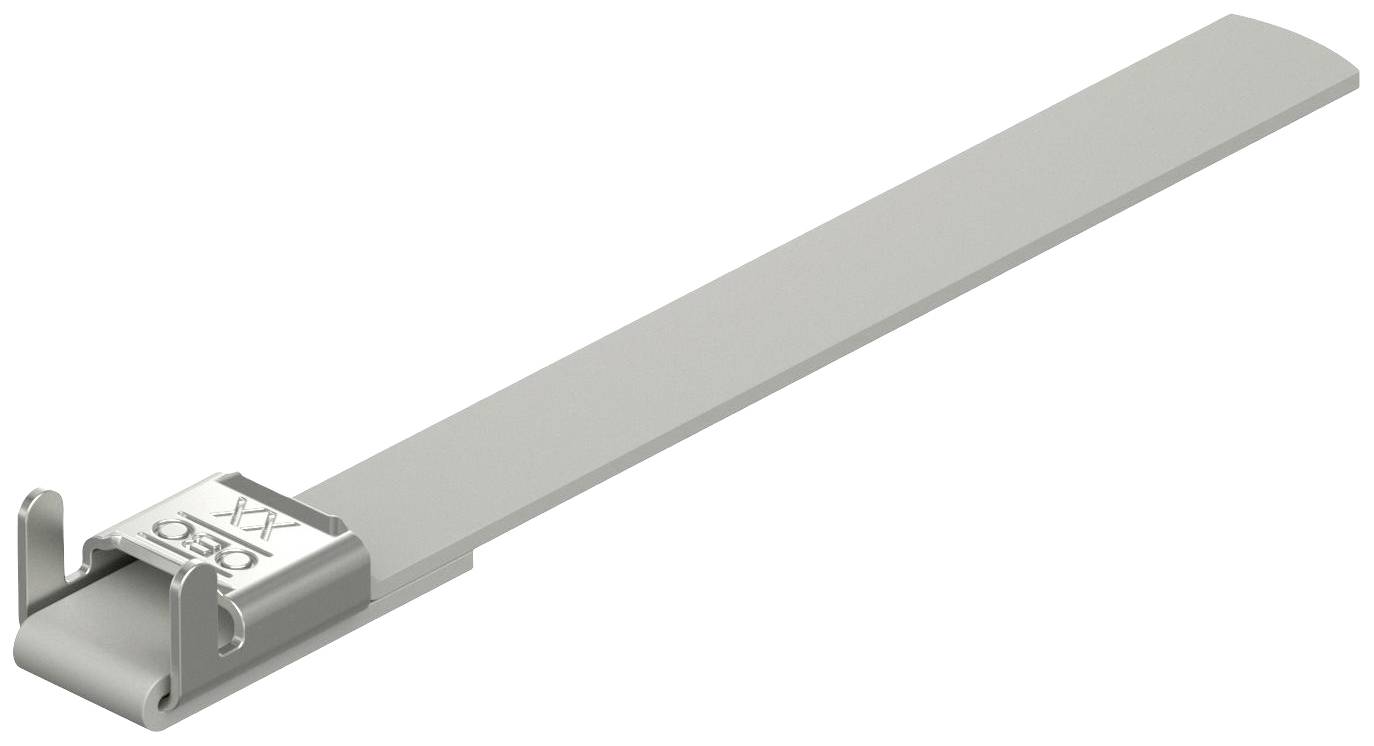 Metallkabelbinder mit Metallverschluss, silberfarben, rechteckige Form. Verwendet zum sicheren Bündeln oder Befestigen von Kabeln.