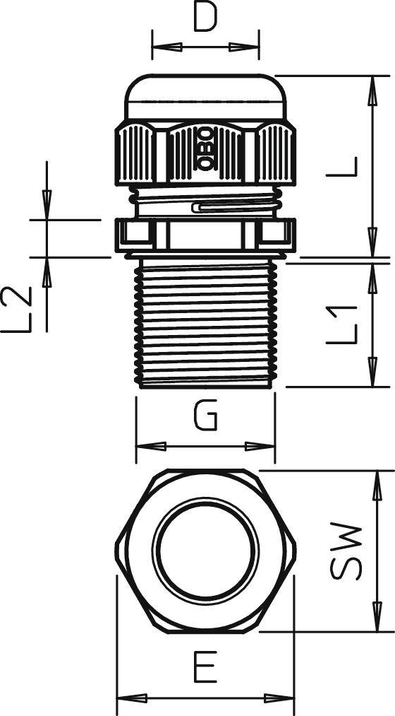 Technische Zeichnung eines Kabelverschraubungssteckers mit Maßangaben D, L, L1, L2, G, SW, und E. Oben Ansicht Dimensionen dargestellt.
