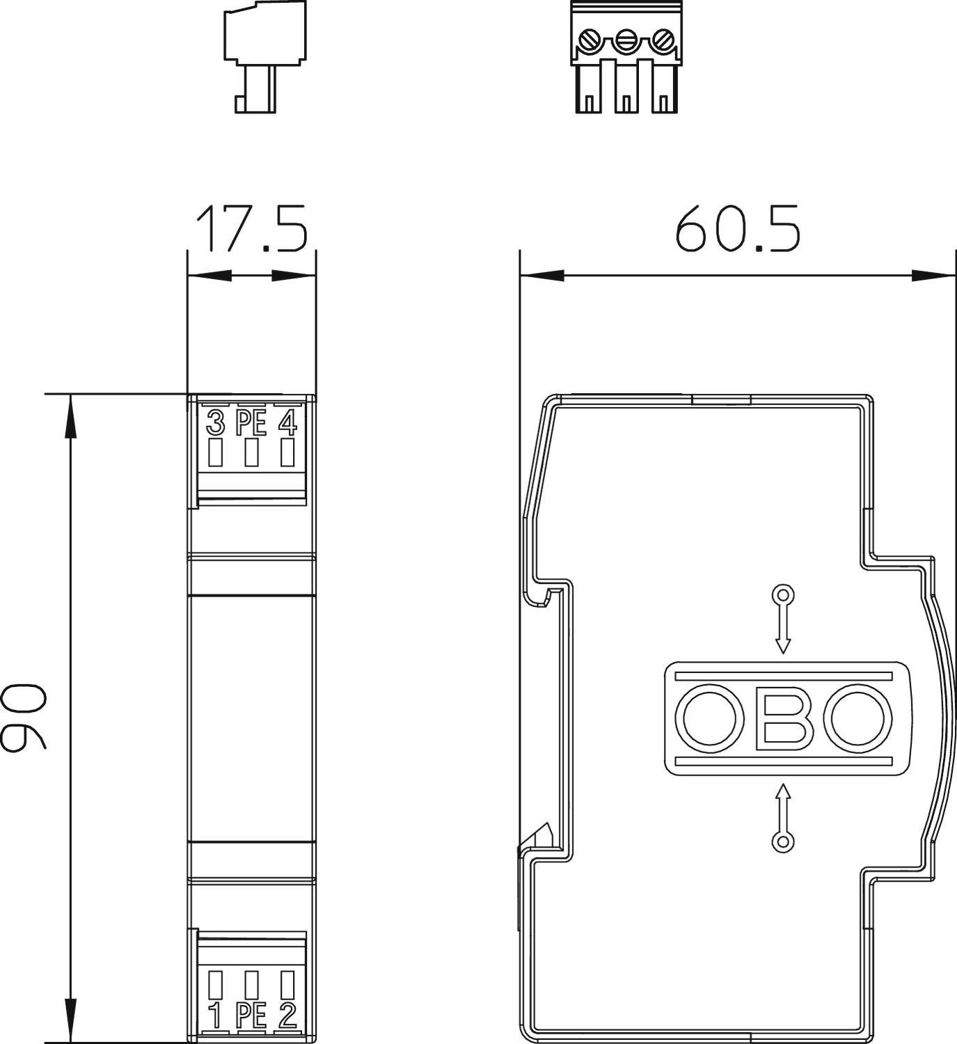 Schaltplan eines elektrischen Bauteils mit Abmessungen: Höhe 90 mm, Breite 17,5 mm, Tiefe 60,5 mm. Markierungen: PE, 3, 4.