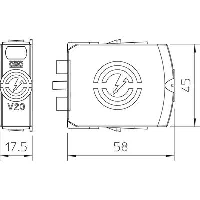 Technische Zeichnung eines Überspannungsschutzgeräts. Zeigt obere und seitliche Ansichten mit Maßen: Breite 17,5 mm, Länge 58 mm, Höhe 45 mm.