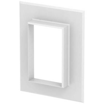 Ein weißer Kunststoffrahmen mit rechteckiger Öffnung, steht im Hochformat. Der Rahmen ist schlicht und dient dekorativen Zwecken.
