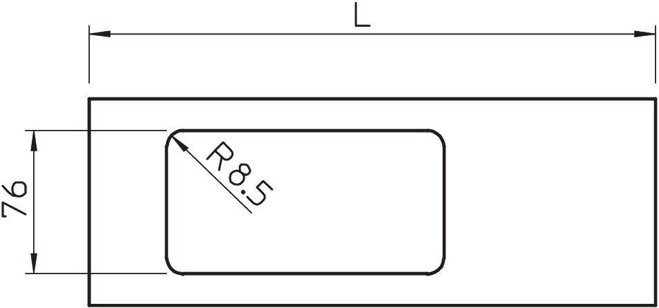 Rechteckige technische Zeichnung mit den Maßen 76 mm Höhe. Ein abgerundetes Rechteck mit Radius R8.5 innerhalb der Form.
